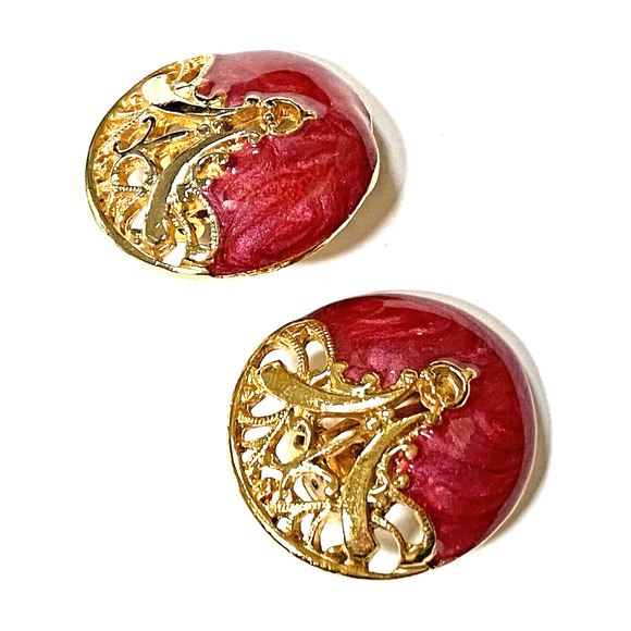 Vintage Clip On Earrings Classic 1980s Boss Lady Gold Filigree Pink Enamel Round - Picture 2 of 7
